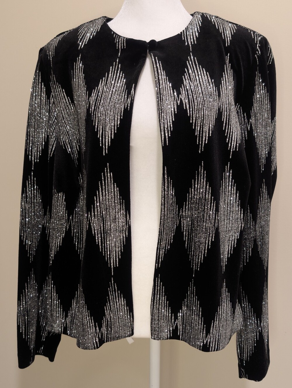Fashion Bug Black Velvet  Cardigan with Silver Sparkle Harlequin Diamond Pattern